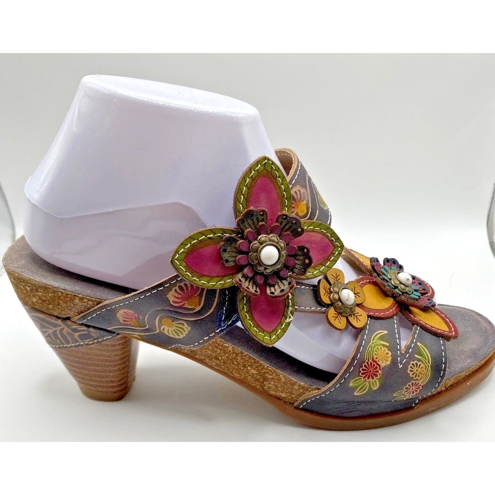L'Artiste Spring Step HAVERB-NM Boho Floral Leather Block Heel Sandals Sz 10/41 - Picture 7 of 10